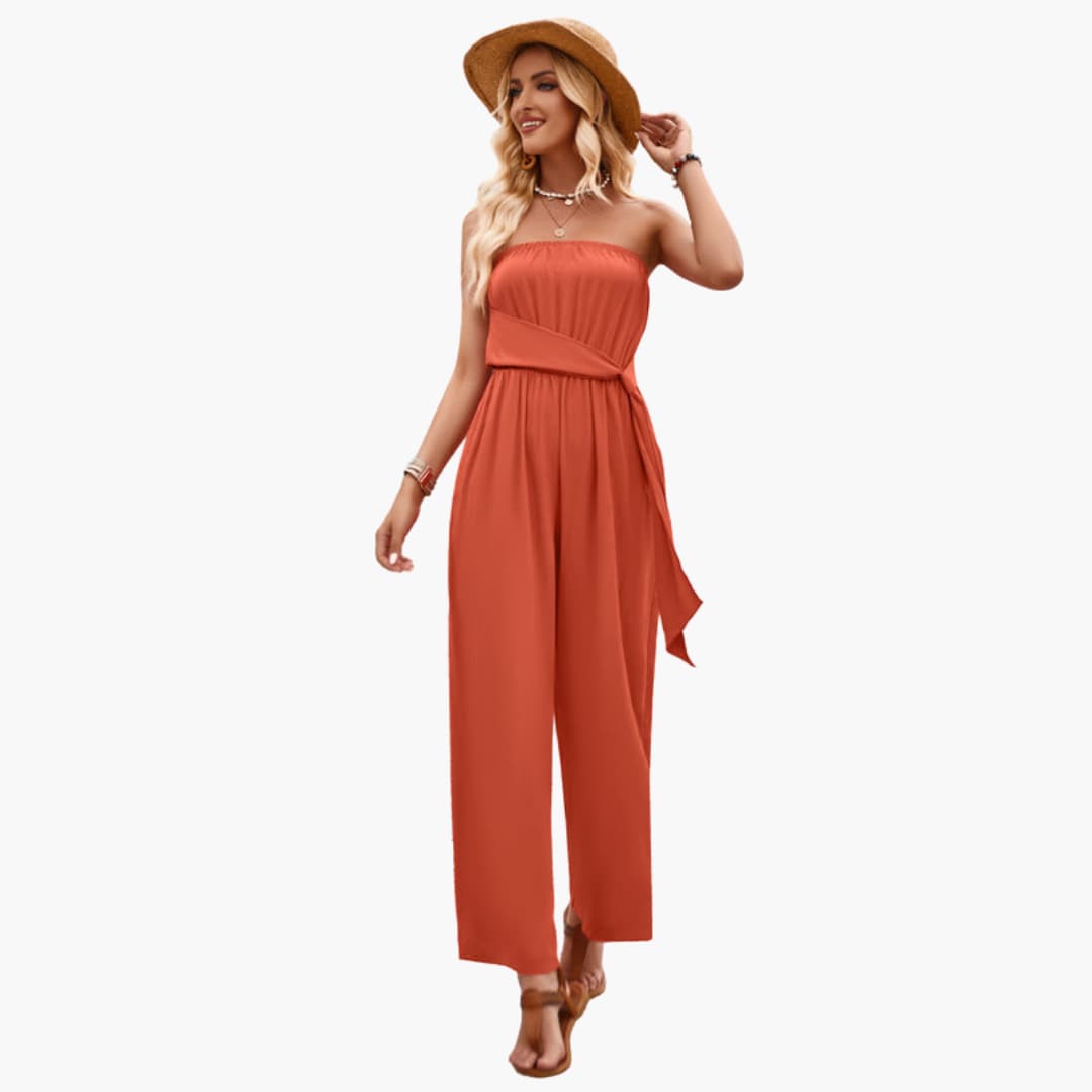 Women’s Strapless Jumpsuit with Waist Tie and Wide Legs