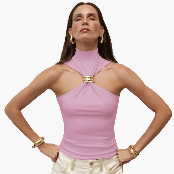 Women’s Halter Top with High Neck and Gold Accent