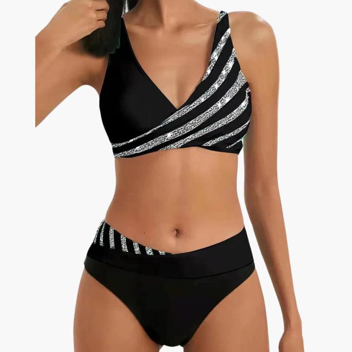 Women’s Two-Piece Bikini Set with Striped and Sparkly Finish