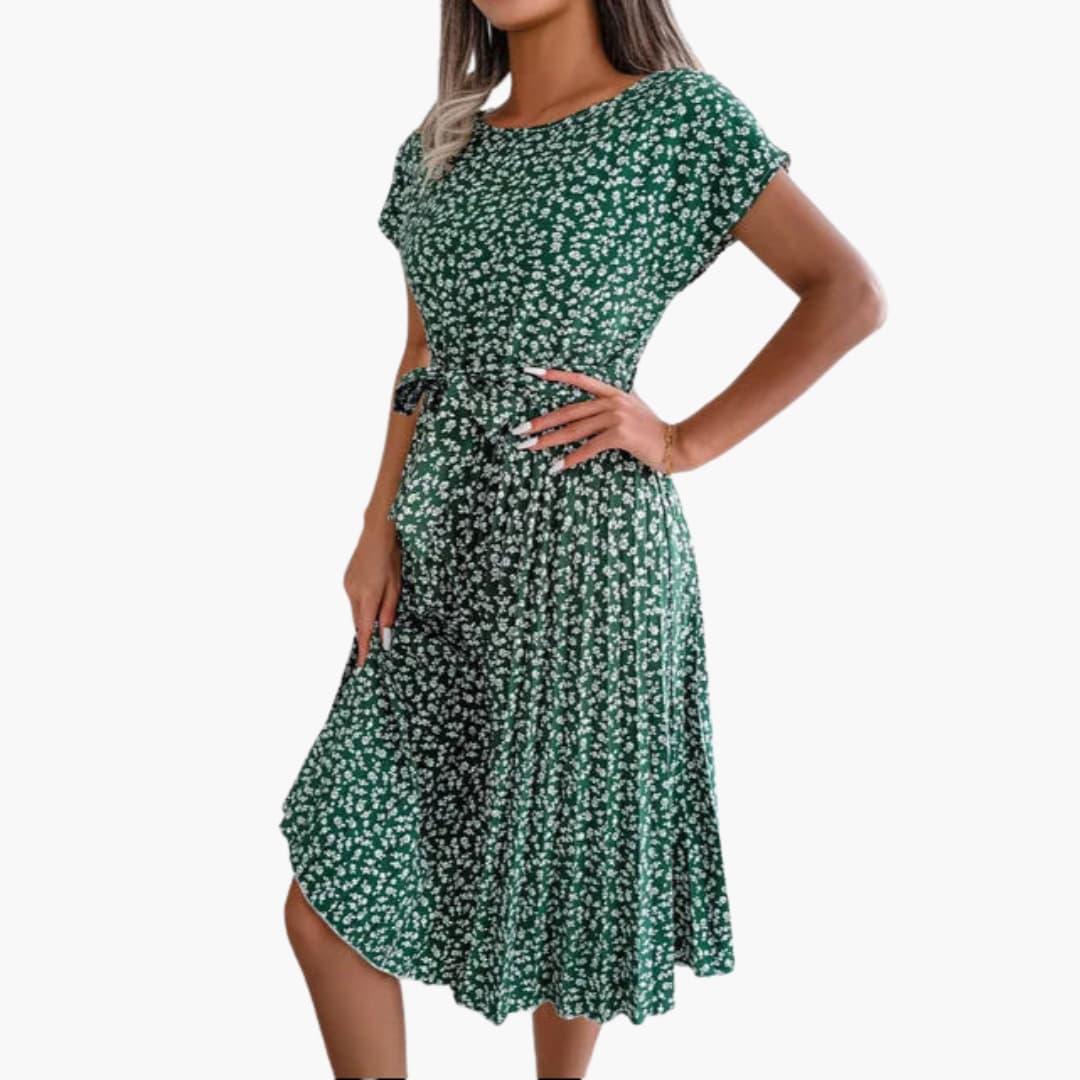 Women’s Summer Dress with Belted Waist and Floral Print