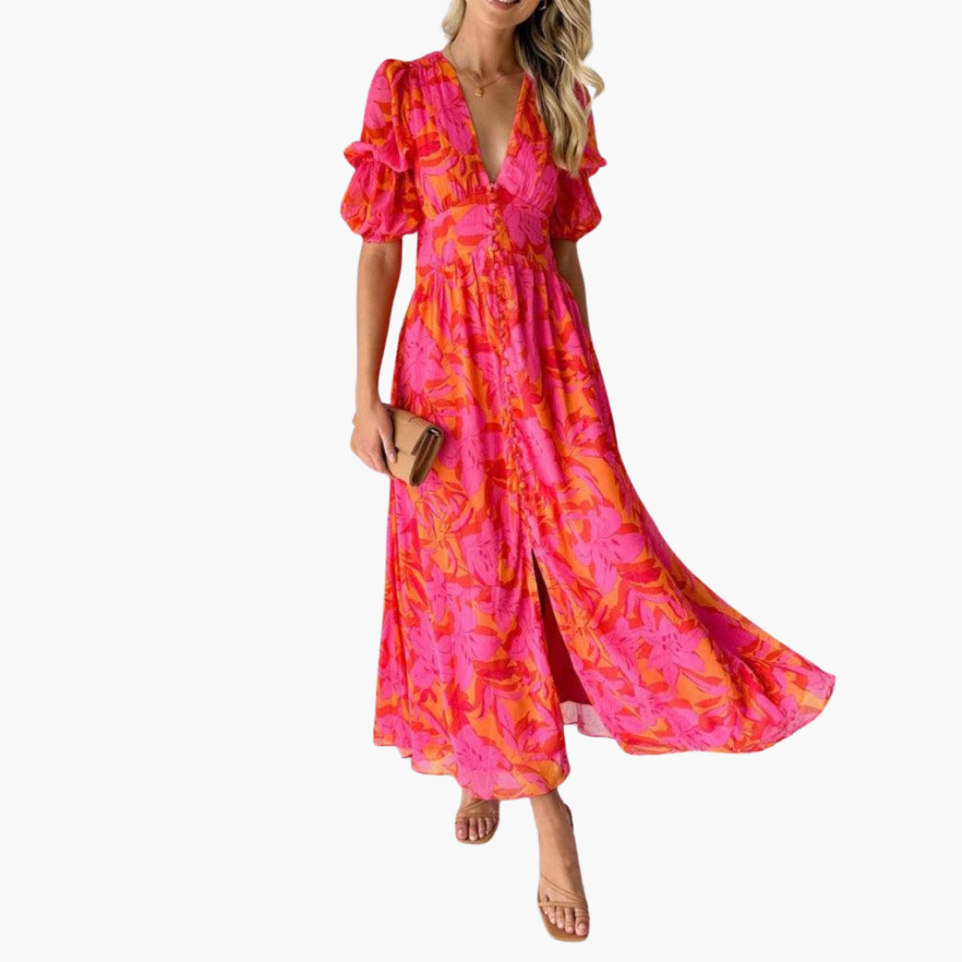 Women’s Maxi Dress with V-Neck and Puff Sleeves