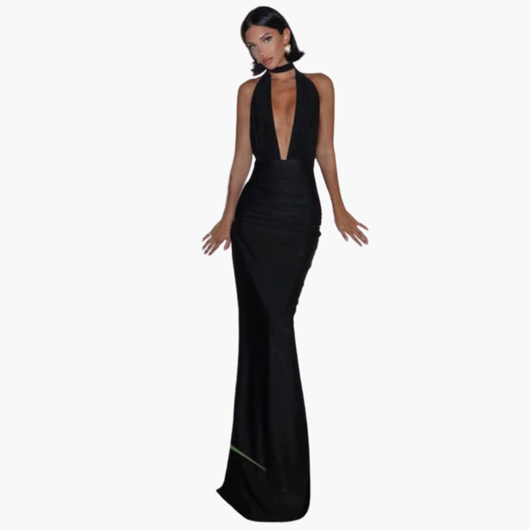 Women’s Halter Neck Dress with V-Neck and High Slit