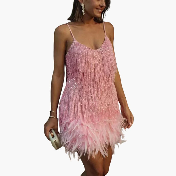 Women’s mini dress with spaghetti straps and fringe detailing
