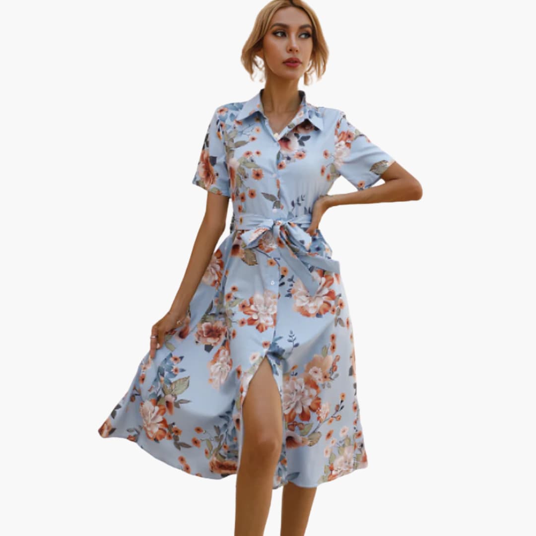 Women’s Floral Shirt Dress with Waist Tie and Button-Down Front