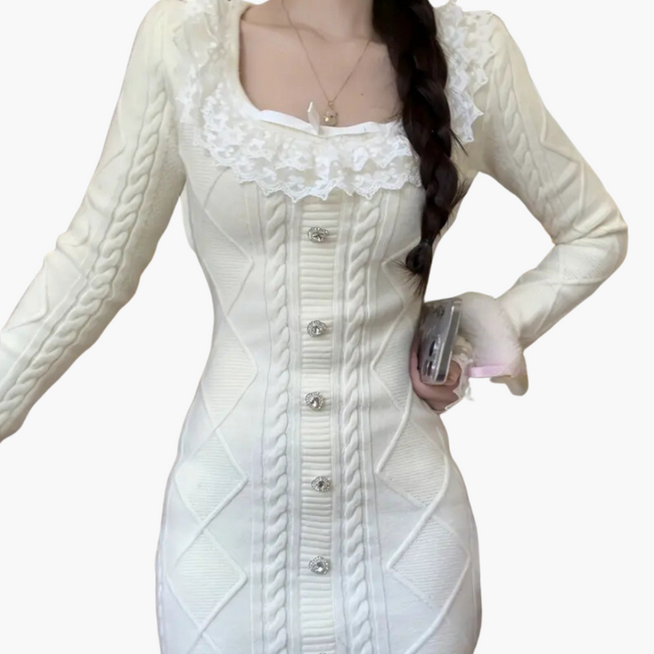 Women’s Knitted Button-Up Dress with Lace Collar and Long Sleeves