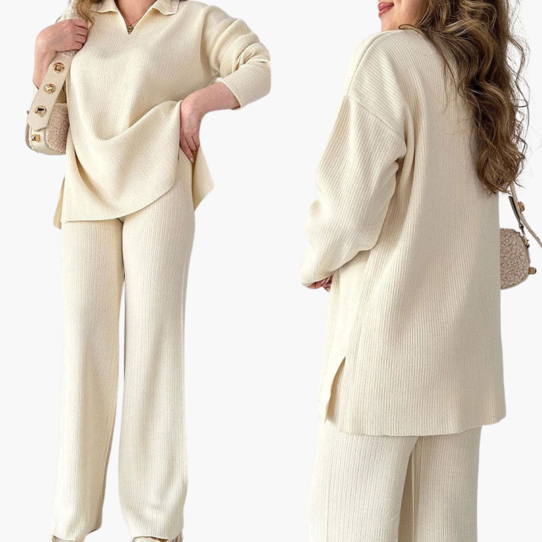 Women’s V-Neck Two-Piece Set with Wide-Leg Trousers