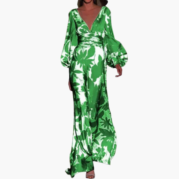 Women’s maxi dress with V-neckline and voluminous sleeves