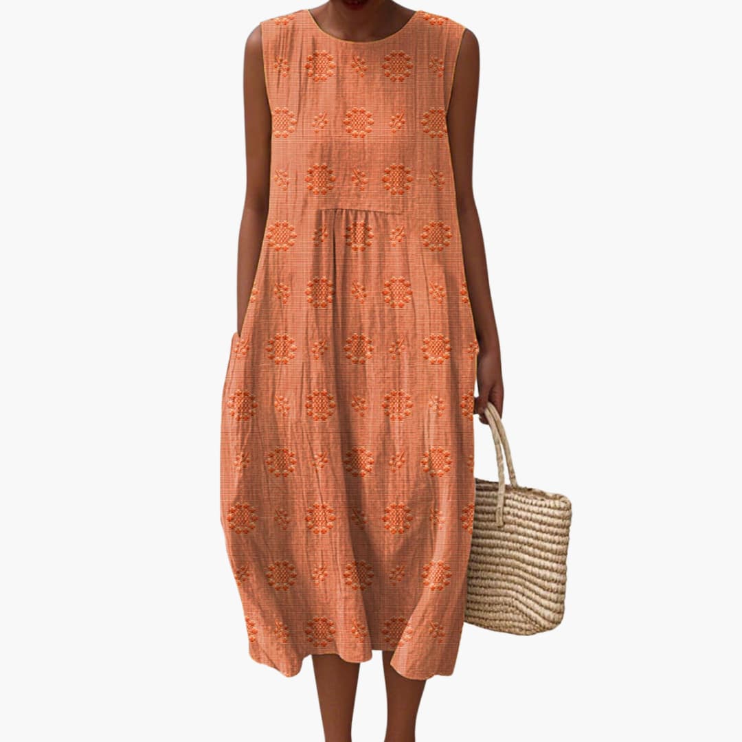 Women’s Sleeveless Midi Dress with Floral Pattern and Side Pockets