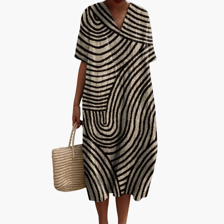 Women’s V-Neck Midi Dress with Short Sleeves and Graphic Line Pattern
