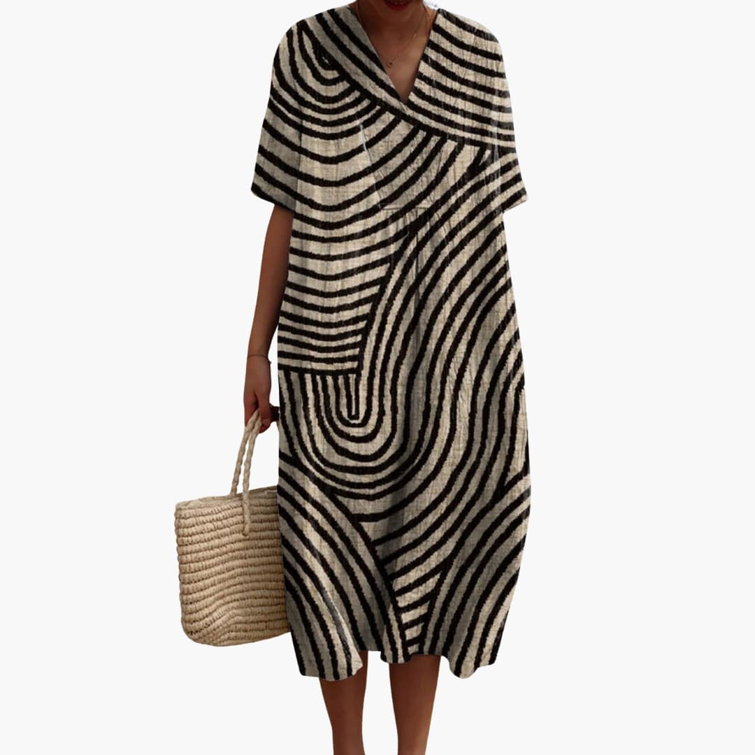 Women’s V-Neck Midi Dress with Short Sleeves and Graphic Line Pattern