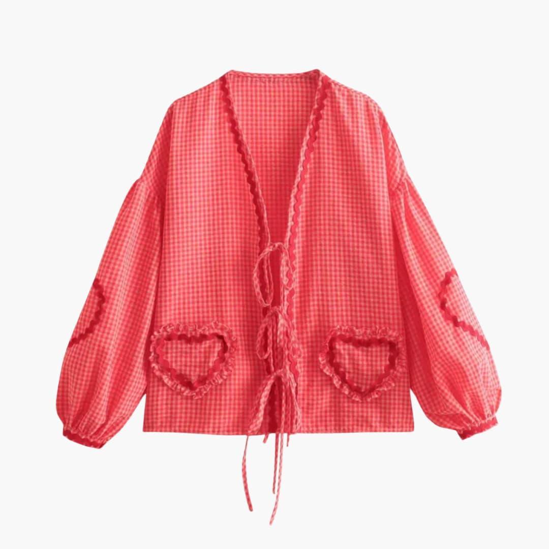 Women’s Blouse with Gingham Pattern and Tie-Front Detail
