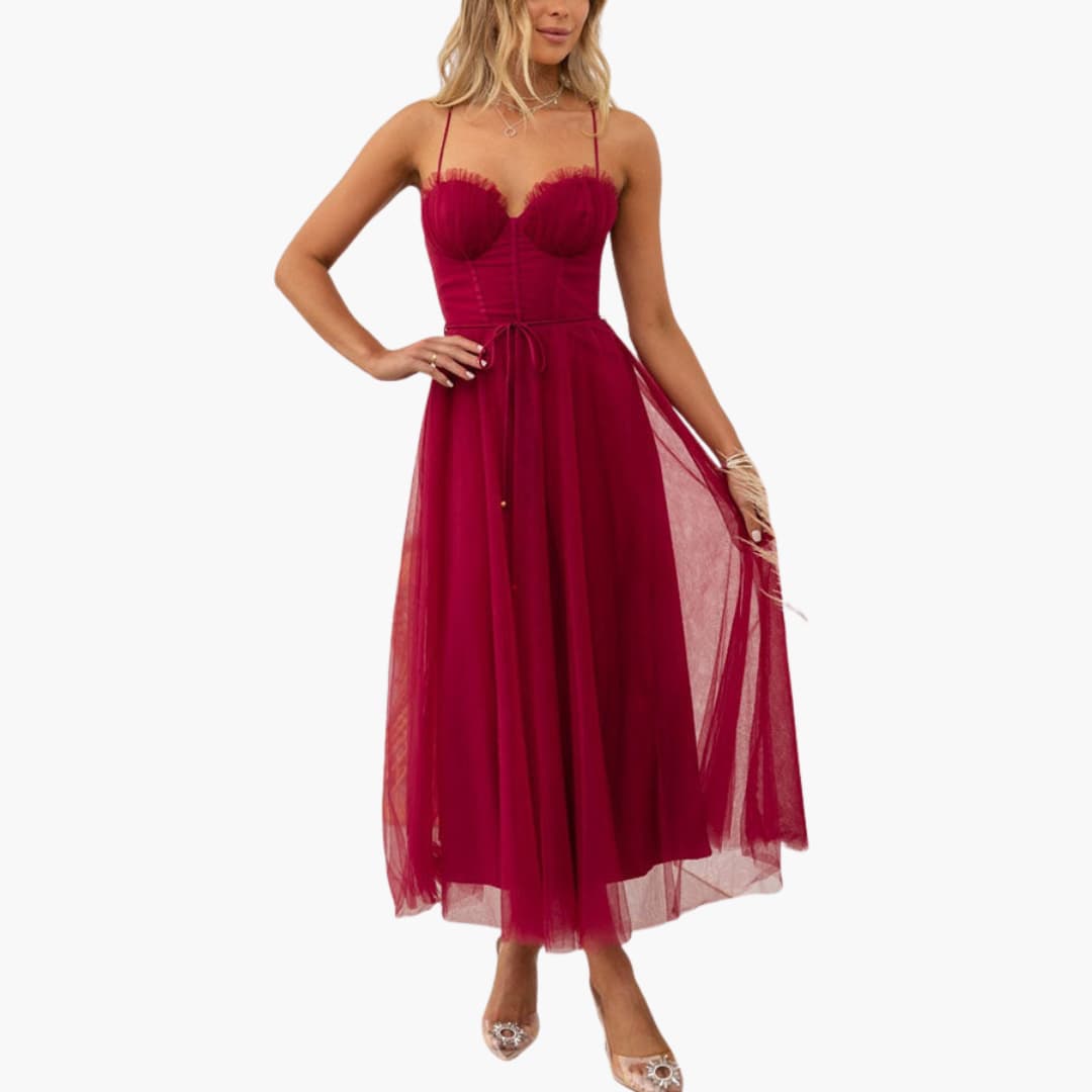 Women’s Tulle Maxi Dress with Spaghetti Straps and Tiered Skirt