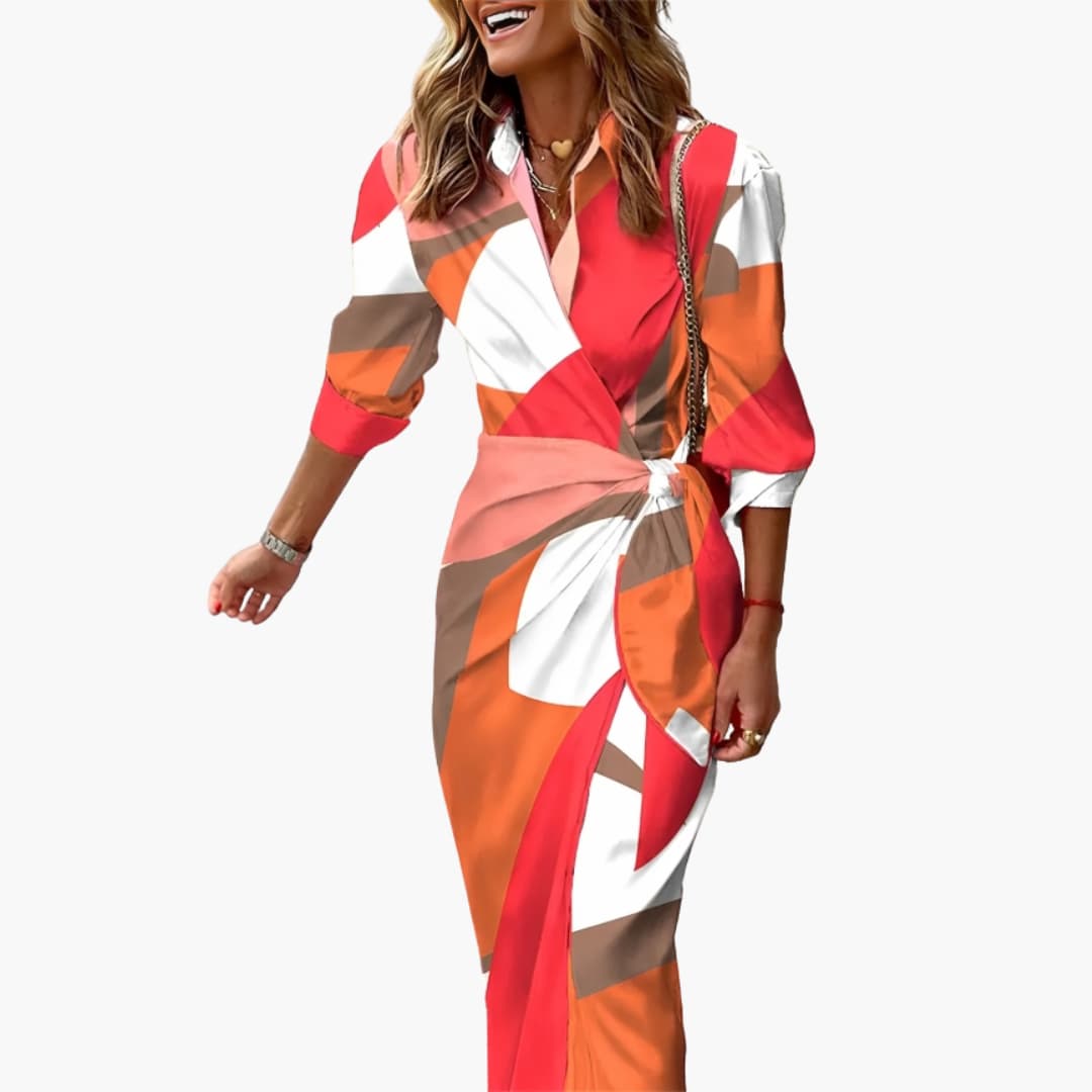 Women’s Midi Shirt Dress with Waist Tie and Wrap Front
