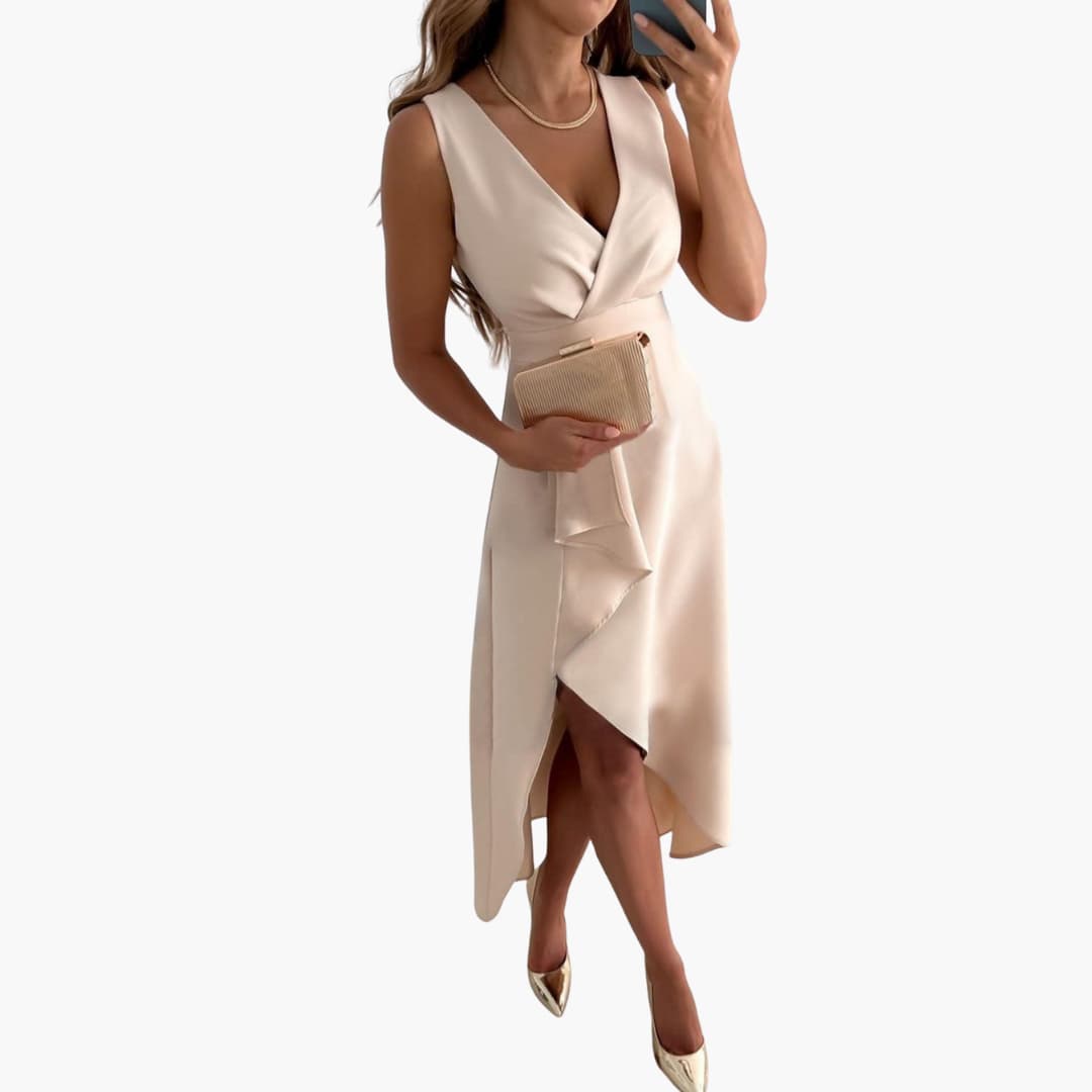 Women’s Sleeveless Midi Dress with V-Neck and High-Low Hem