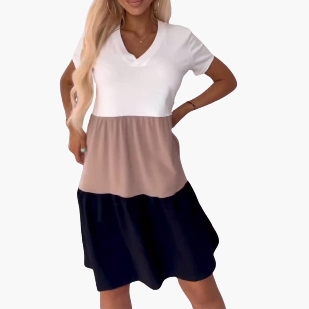 Women’s Dress with Short Sleeves and Colourblock Pattern