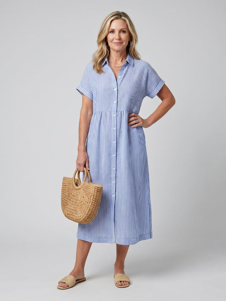 Rosamund | Short Sleeve Stripe Pattern Midi Dress