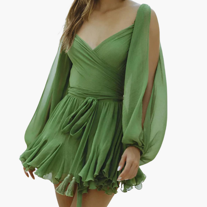 Women’s Airy Summer Mini Dress with Tie Waist and Balloon Sleeves