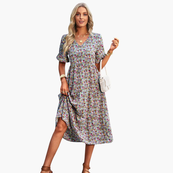 Women’s Midi Dress with V-Neckline and Floral Print