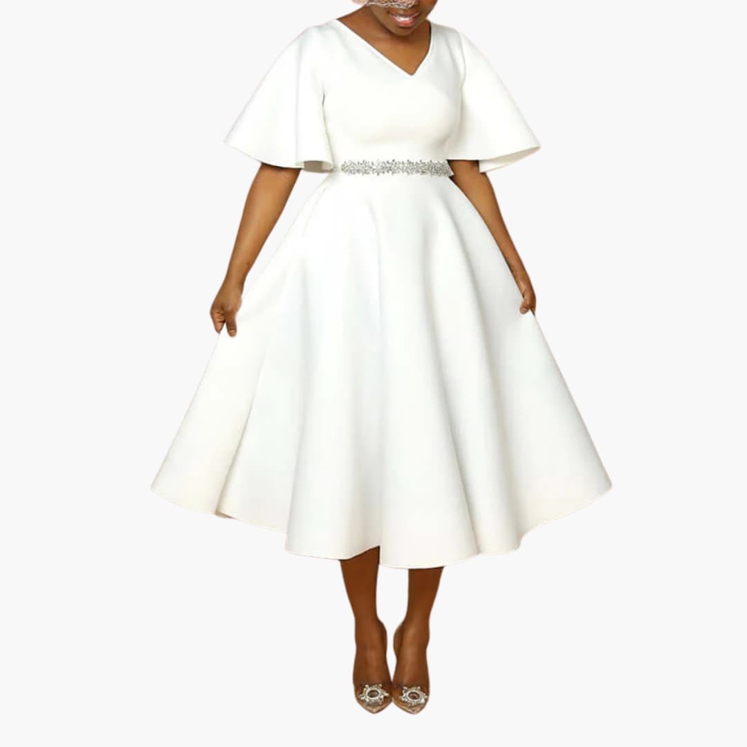 Women’s Midi Dress with V-Neckline and Flutter Sleeves