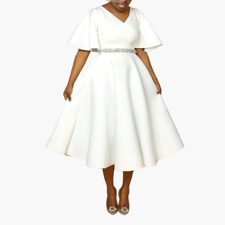 Women’s Midi Dress with V-Neckline and Flutter Sleeves