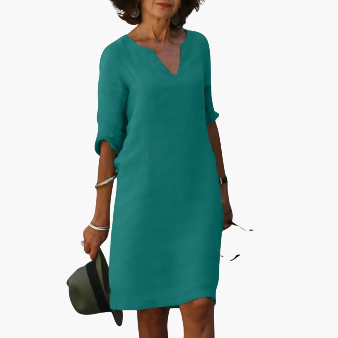 Women’s V-Neck Mini Dress with 3/4 Sleeves and Tapered Waist