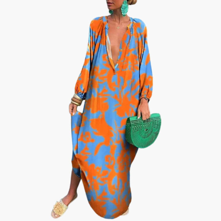 Women’s Maxi Dress with V-Neckline and Long Sleeves