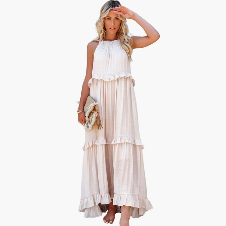 Women’s Maxi Dress with Cascading Ruffle Tiers and Adjustable Straps