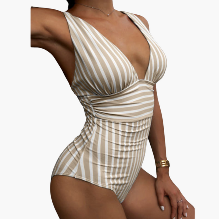 Women’s One - Piece Swimsuit with Striped Pattern and Integrated Shaping Panel