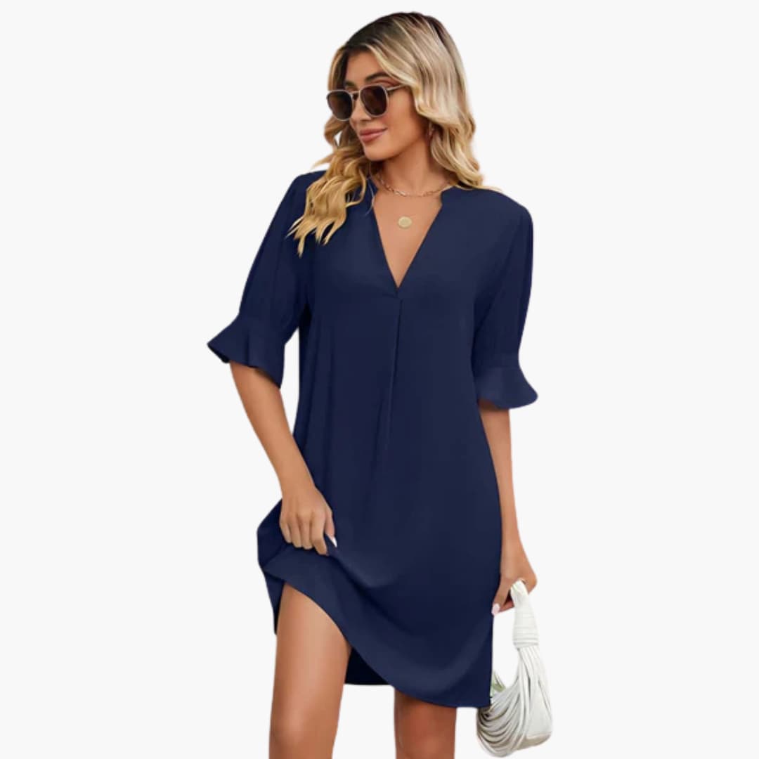 Women’s Shift Dress with V-Neckline and Ruffle Sleeves
