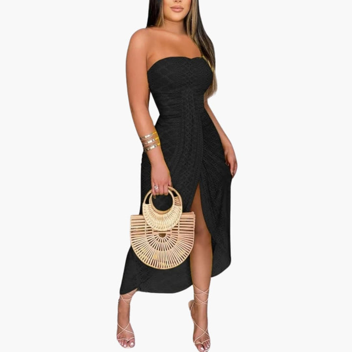 Women’s Strapless Midi Dress with Front Slit and Embroidery