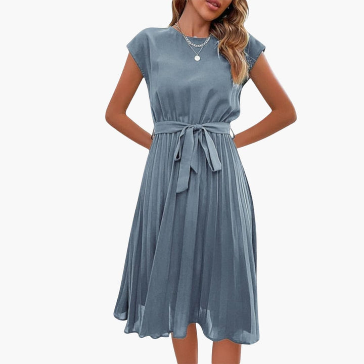 Women’s Casual Midi Dress with Pleated Skirt and Tie Waist