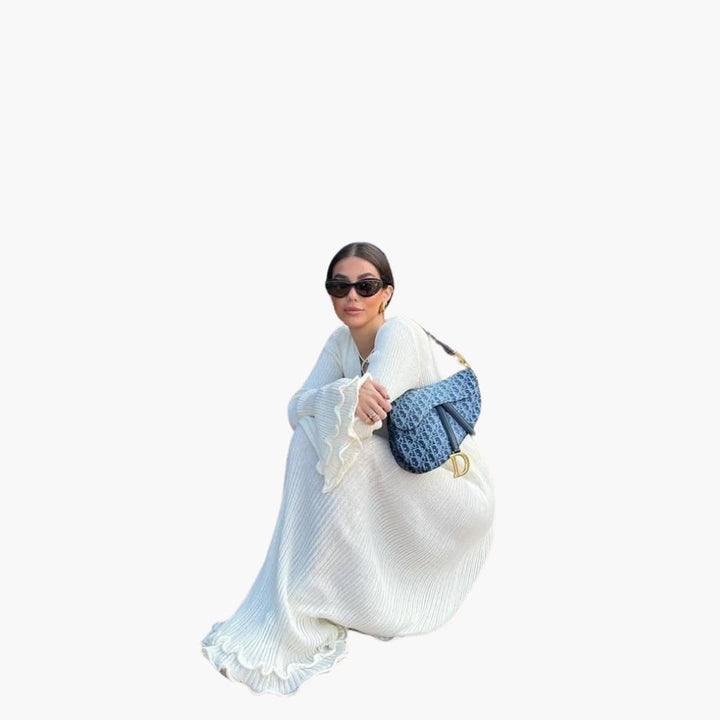 Women’s Knit Maxi Dress with Open Back and Trumpet Sleeves