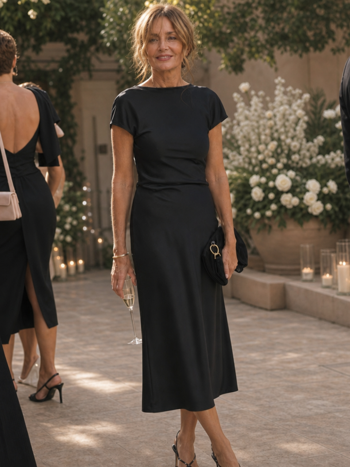 Elure | Short Sleeve Boat Neck Fitted Silhouette Midi Dress