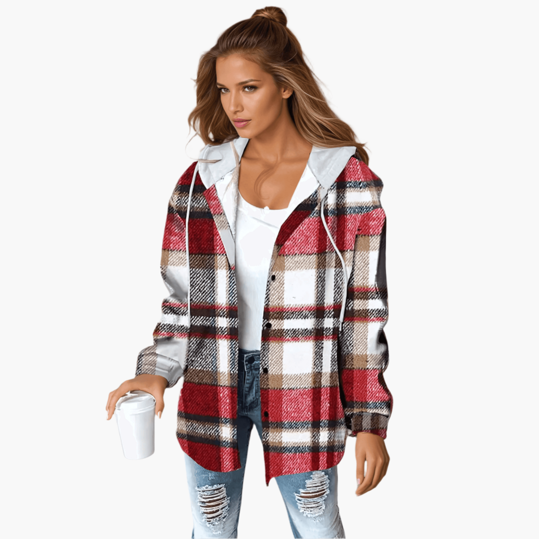 Women’s Plaid Flannel Shacket with Hood and Button-Up Front