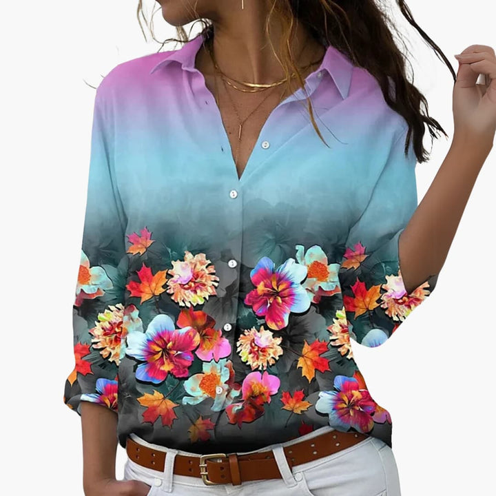 Women’s Floral and Color Block Blouse with Collar
