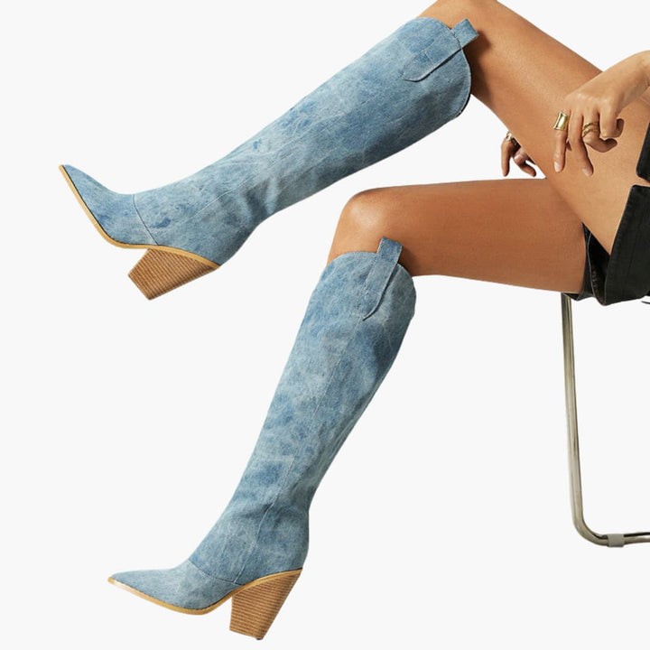 Women’s Knee-High Boots with Pointed Toe and Angled Block Heel