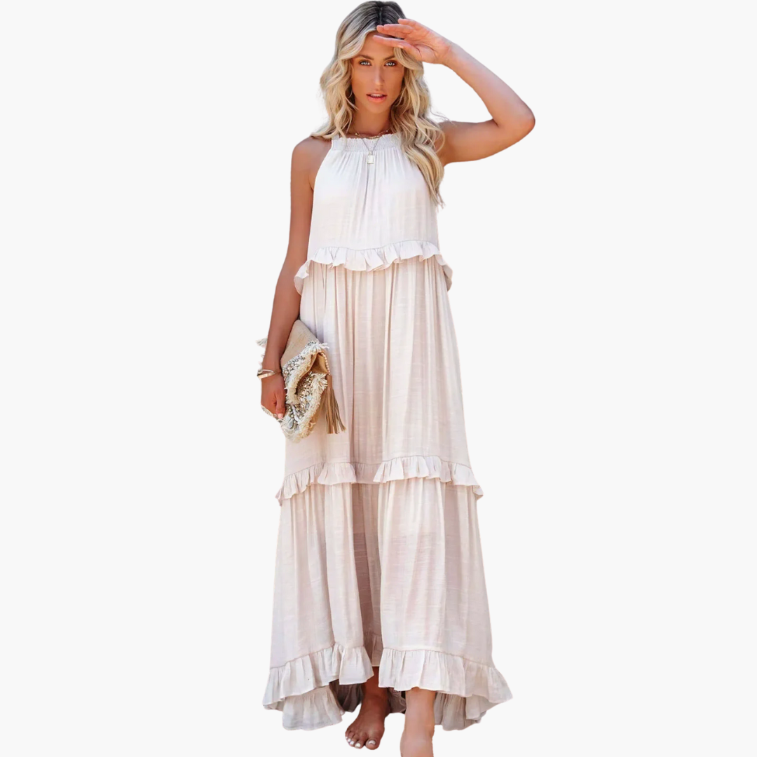 Women’s Maxi Dress with Cascading Ruffle Tiers and Adjustable Straps