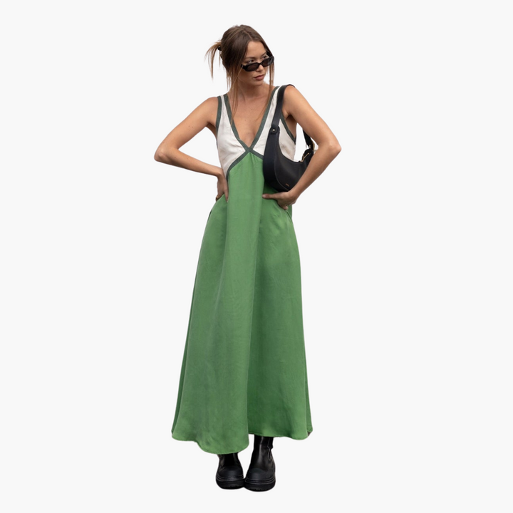 Women’s Maxi Dress with V-Neck and Color-Block Design