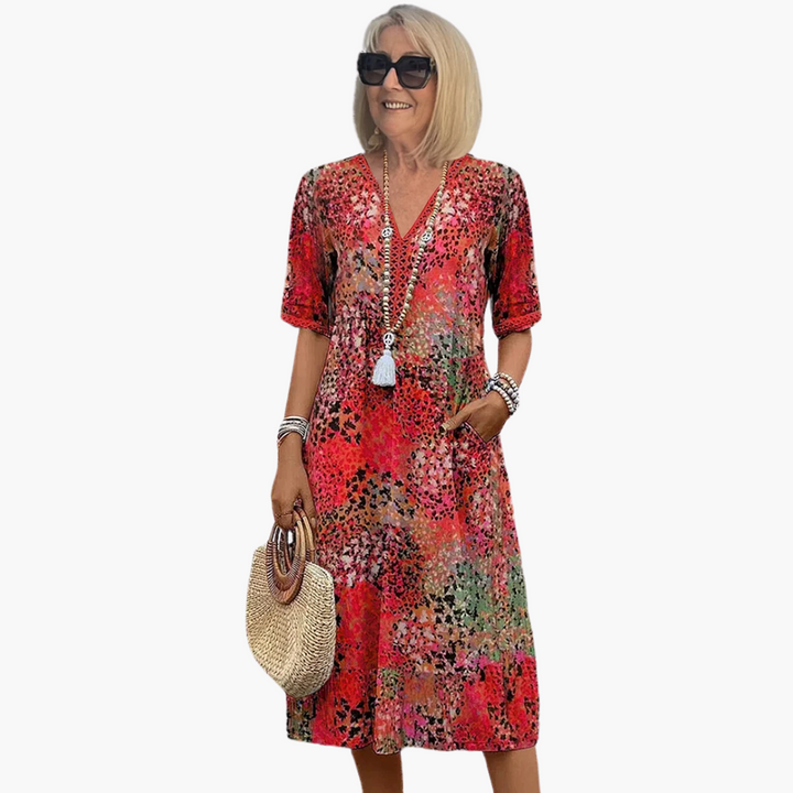 Women’s Midi Dress with V-Neck and Floral Print