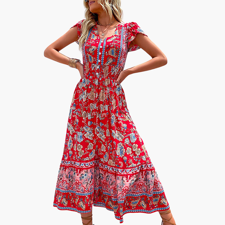 Women’s Midi Dress with V‑Neckline and Elastic Waist