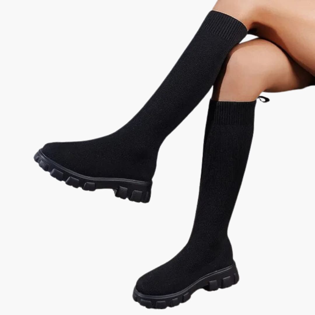 Women’s Knee-High Boots with Stretch Knit Upper and Chunky Non-Slip Sole