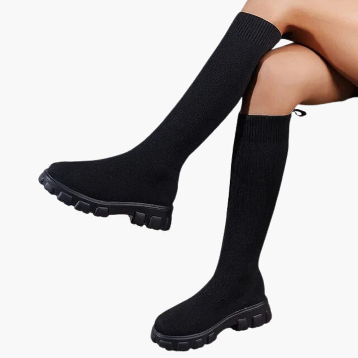Women’s Knee-High Boots with Stretch Knit Upper and Chunky Non-Slip Sole