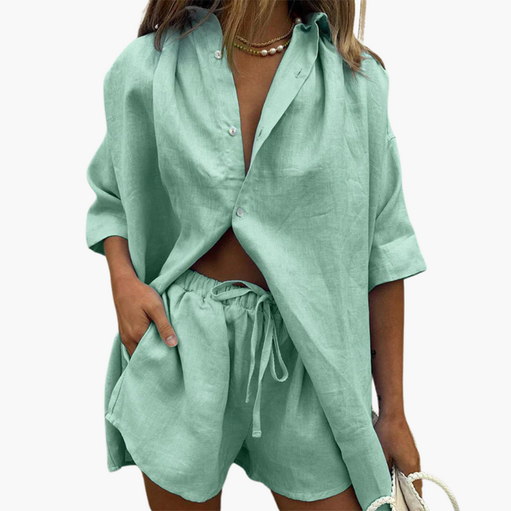 Women’s Two-Piece Set with Button Shirt and Drawstring Shorts