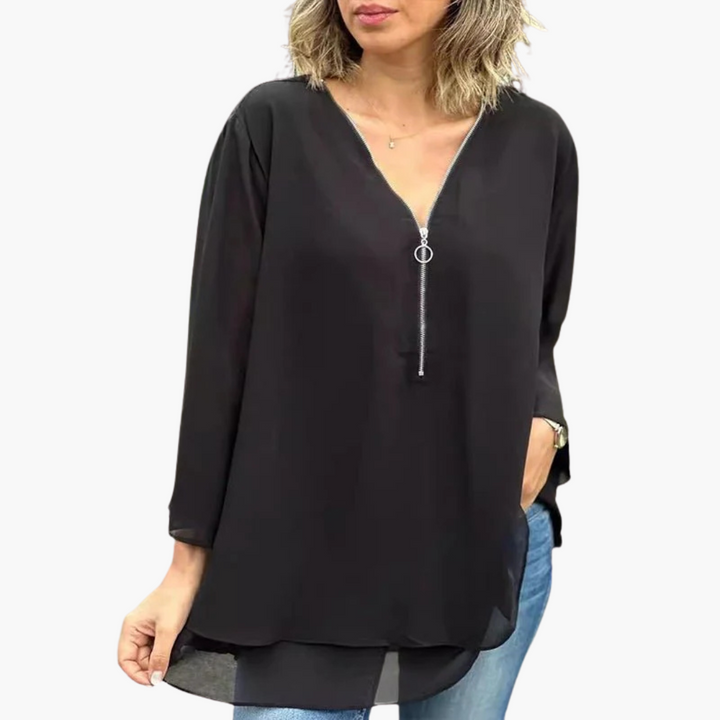 Half-Zip V-Neck Top for Women - Long Sleeve &amp; Casual Chic