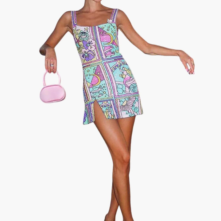 Women’s Mini Dress with Square Neckline and Mermaid Print