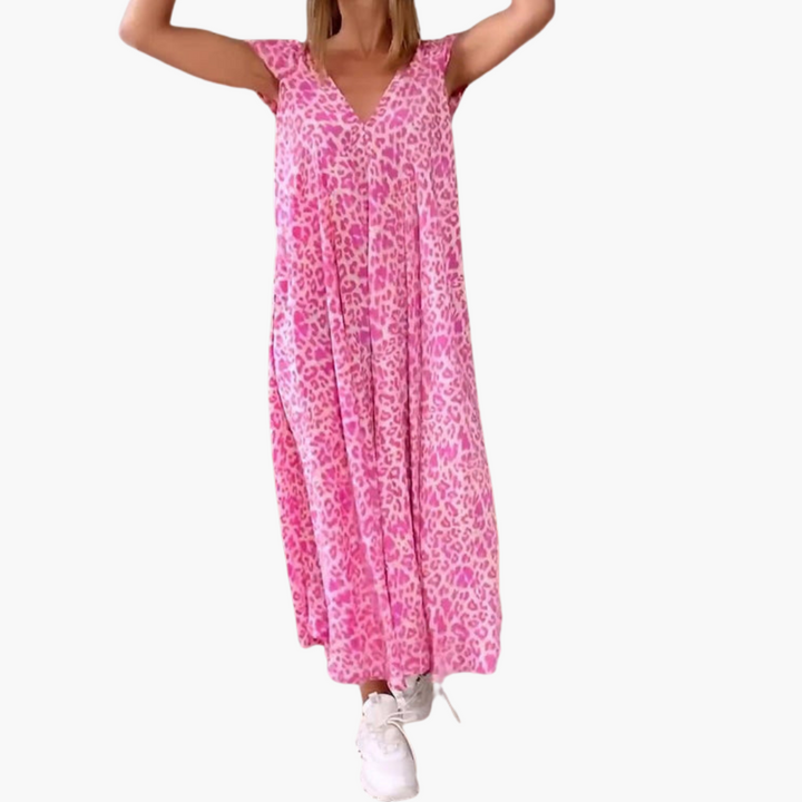 Women’s Midi Dress with V-Neck and Leopard Print