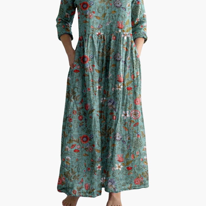 Women’s Long Floral Dress with V-Neckline and Side Pockets