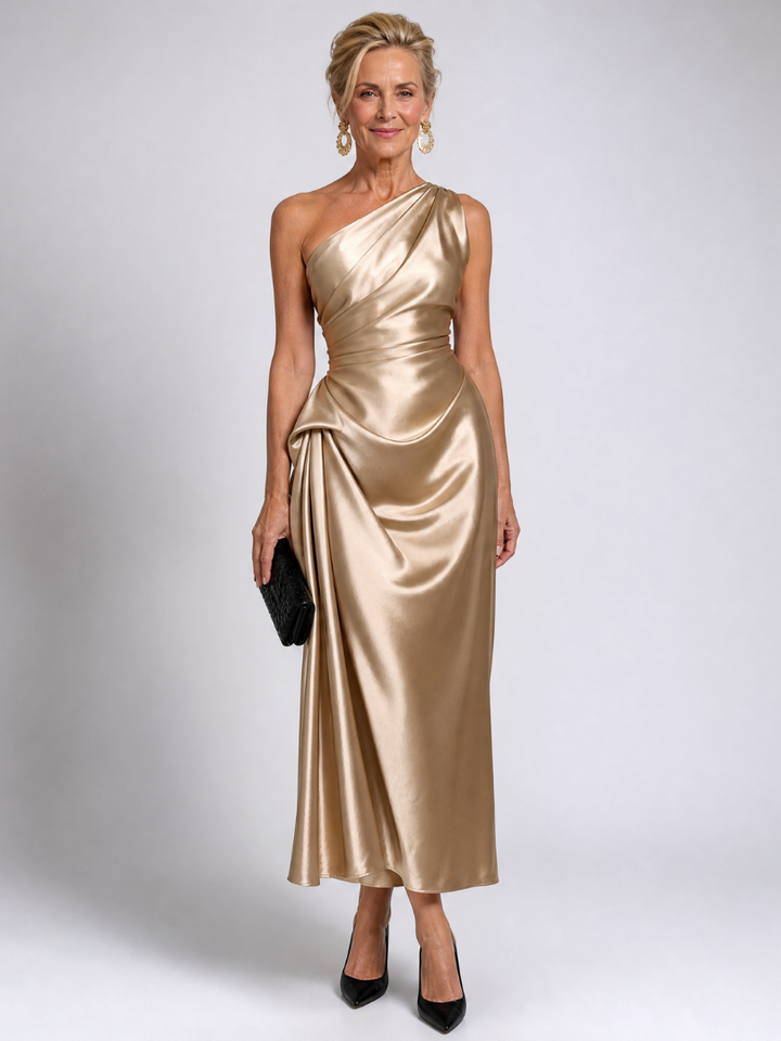 Zeima | One Shoulder Draped Satin Maxi Dress