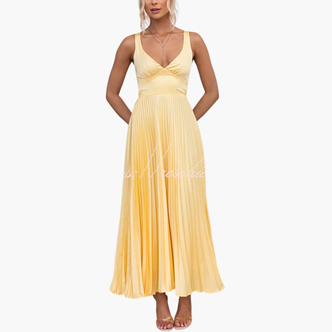 Women’s Midi Dress with Pleated Neckline and Structured Waist