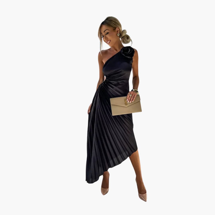 Women’s Midi Dress with Pleated Skirt and Floral Detail